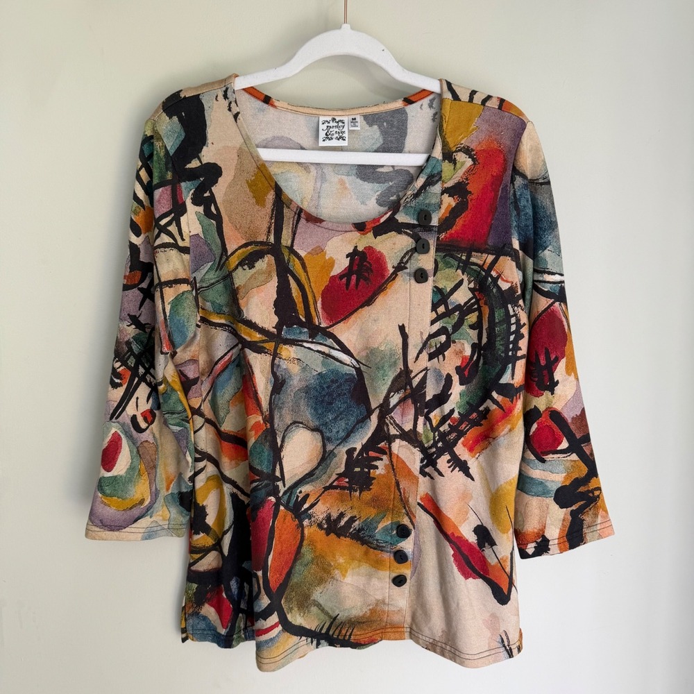 Parsley & Sage Top Abstract Watercolor Print Lagenlook Art To Wear Size Medium